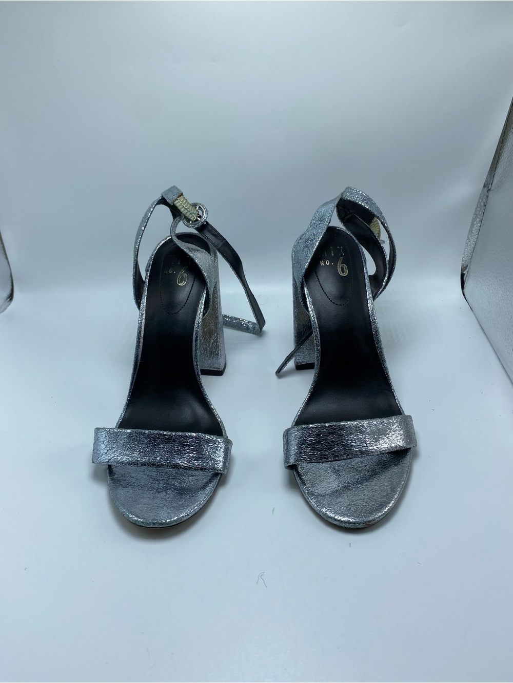 Shimmery Silver Block Heel Sandals with Ankle Strap